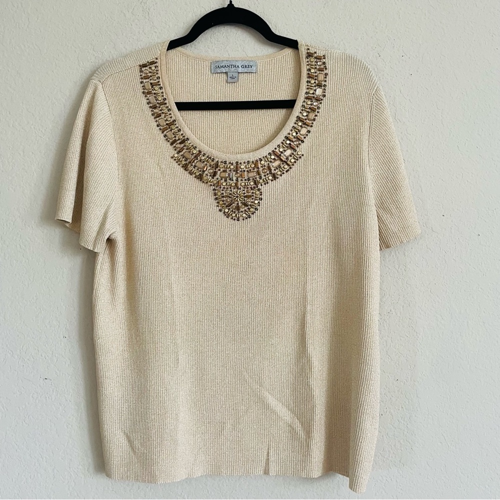 Samantha Grey Cream gold Beaded Women's Top size L ribbed gmacore elegant ribbed